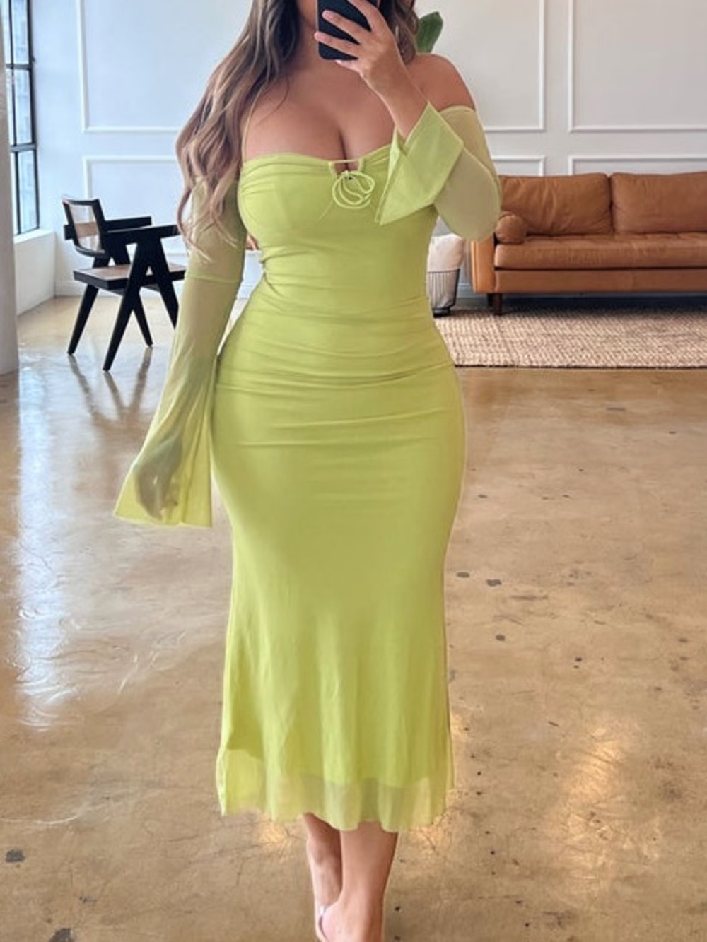 NWT Toxic Envy Lime Mesh Off-Shoulder Midi Dress with Flared Sleeves XL